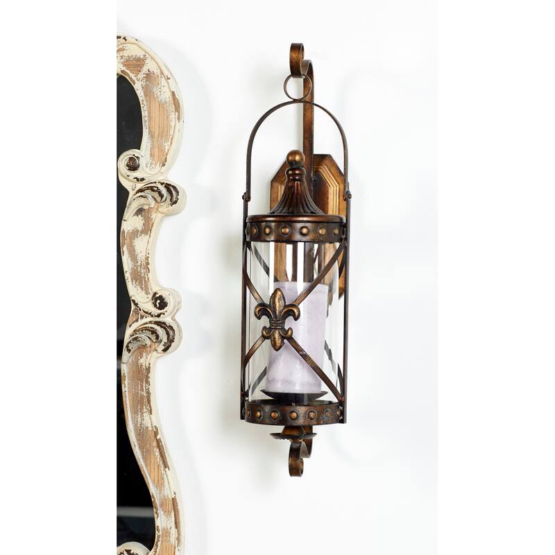 Bronze Metal Suspended Studded Fleur De Lis Wall Sconce with Scroll Details - 7 x 6 x 20