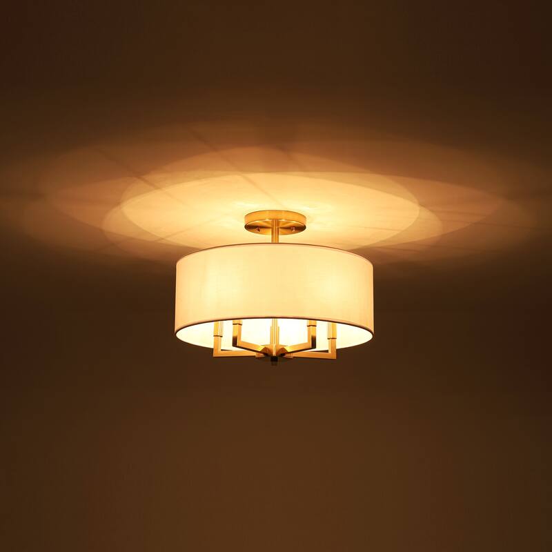 4-Light Mid-Century Modern Gold Semi-Flush Mount Light with White Drum Fabric Shade for Bedroom, Living Room