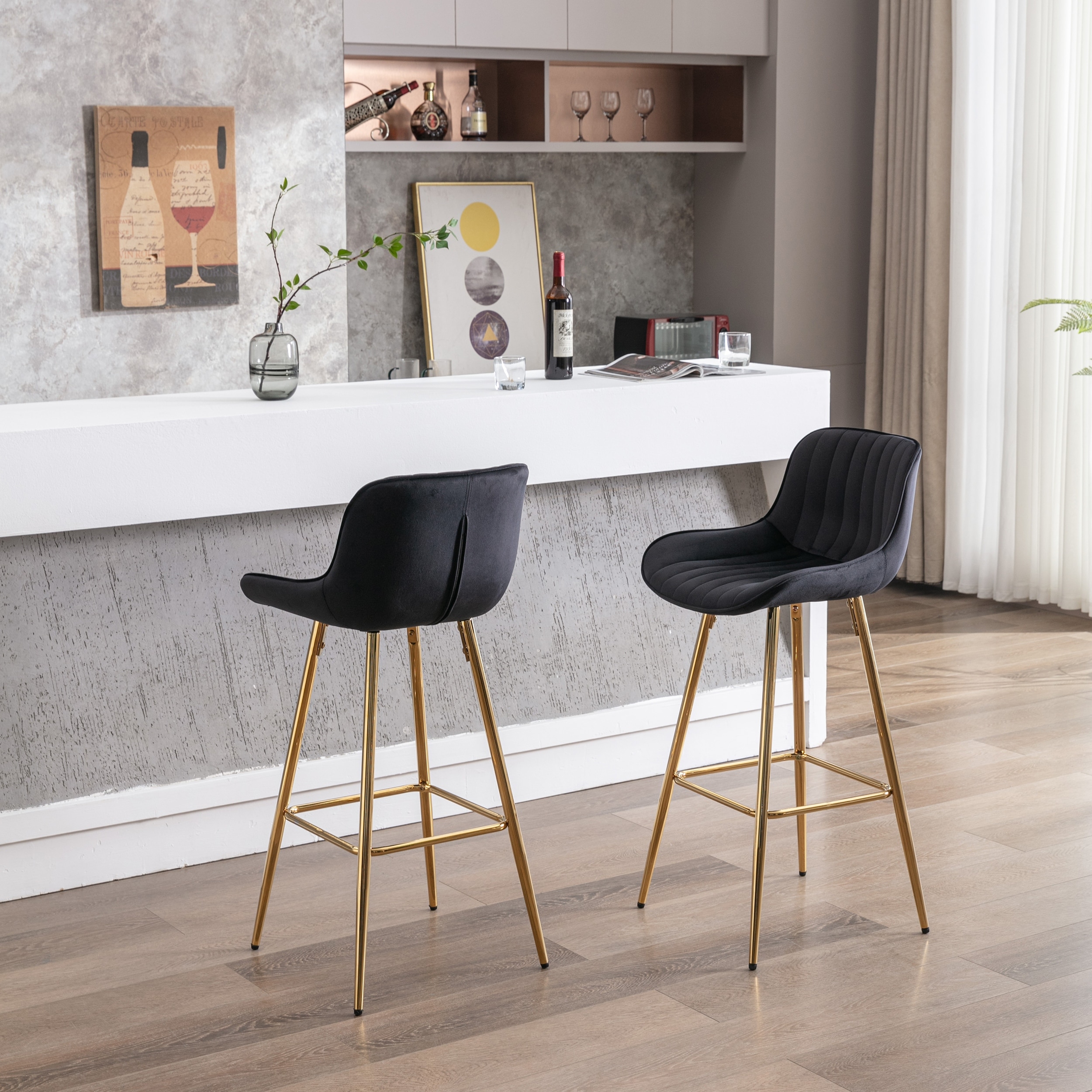 Grey velvet bar stools clearance with gold legs