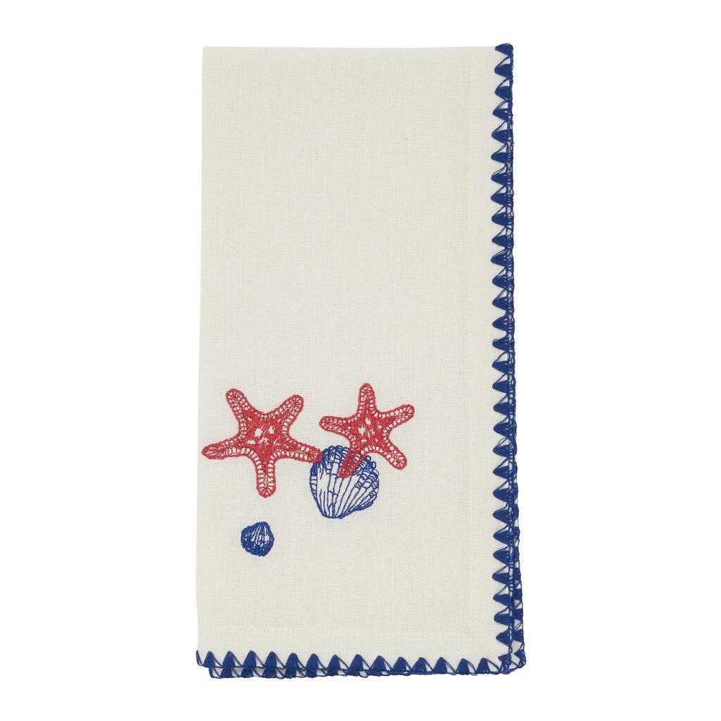 Coastal Motif Cotton Decorative Napkins (Set of 4) - Embroidered Marine Detail for Dining and Entertaining, 18"x18"