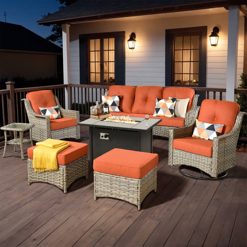 XIZZI 7-piece Patio Wicker Furniture High Back Chair Set with Firepit Table - Red