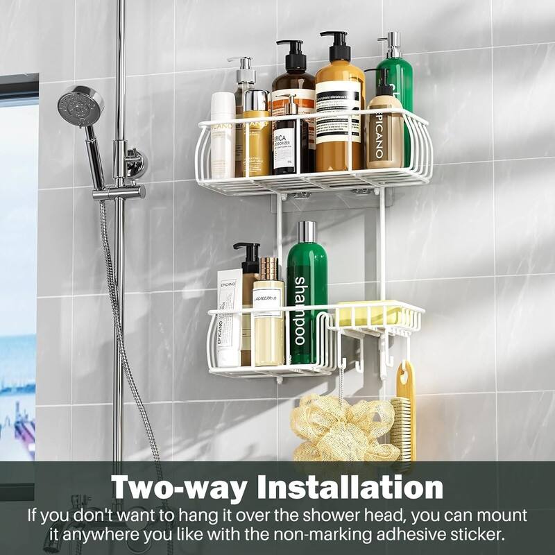 Shower Caddy Hanging, Anti-Swing Over Head Shower Caddy Rustproof with hooks for Towels, Sponge and more
