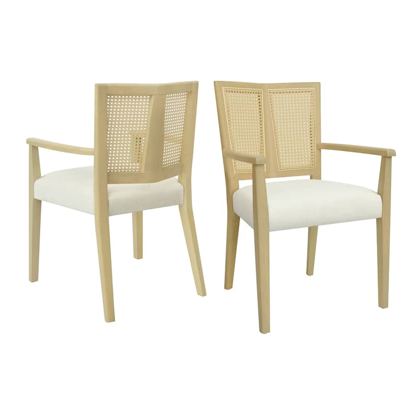 2-Piece Mid-Century Dining Chair Set, Rattan Backrest Accent Chairs Modern Upholstered Armchairs with Wooden Frame