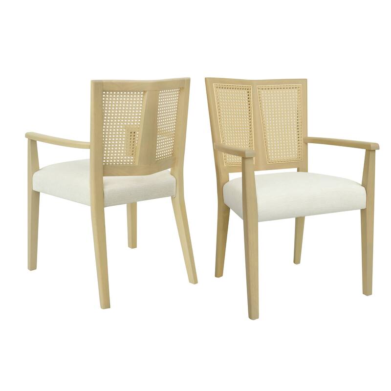 Set of 2 Modern Wooden Arm Dining Chairs with Rattan Backrest, Upholstered Fabric Seat, Rubberwood Frame