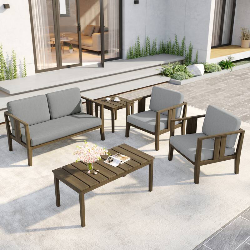 5-Piece Patio Furniture Solid Teak Outdoor Conversation Set
