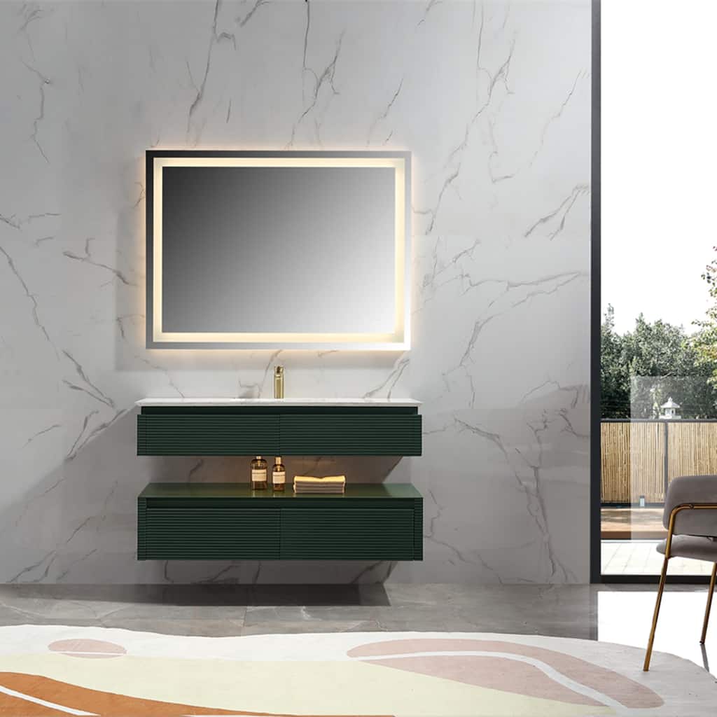 48 Inch Solid Wood Wall-Mounted Bathroom Vanity Set in Green/ White with Engineered Stone Top and Ceramic Sink