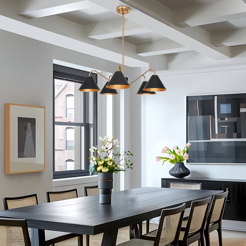 Modern Industrial 5-Light Black Gold Chandelier Metal Wheel Pendant Lights for Dining Room - 27" D x 6.5" H