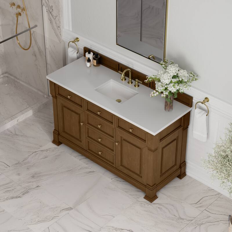 Brookfield 60S" Single Vanity, Honey Oak - White Zeus - 8" WS