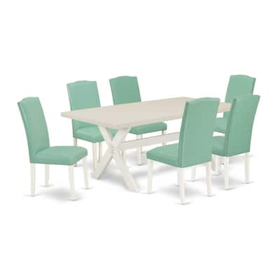 7-Piece Dining Room Table Set with Parson Chairs - Linen White & Smoke Finish - Modern Kitchen Table - 72