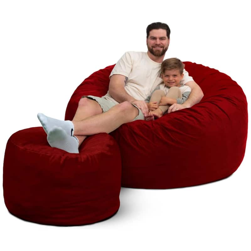 Ultimate Sack 5ft Bean Bag Chair and Footstool Oversized Lounger, Burgundy Suede