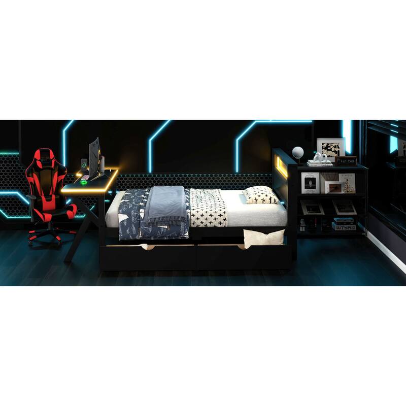 Roomfitters Twin/Full Wooden Gaming Platform Bed with LED Headboard, Desk and Drawers, Black