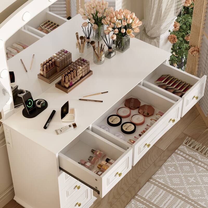 Vanity Desk with 10 Hollywood Bulbs & Stool, Multi-functional Vanity Set, Dressing Table with Charging Station & 9 Drawers