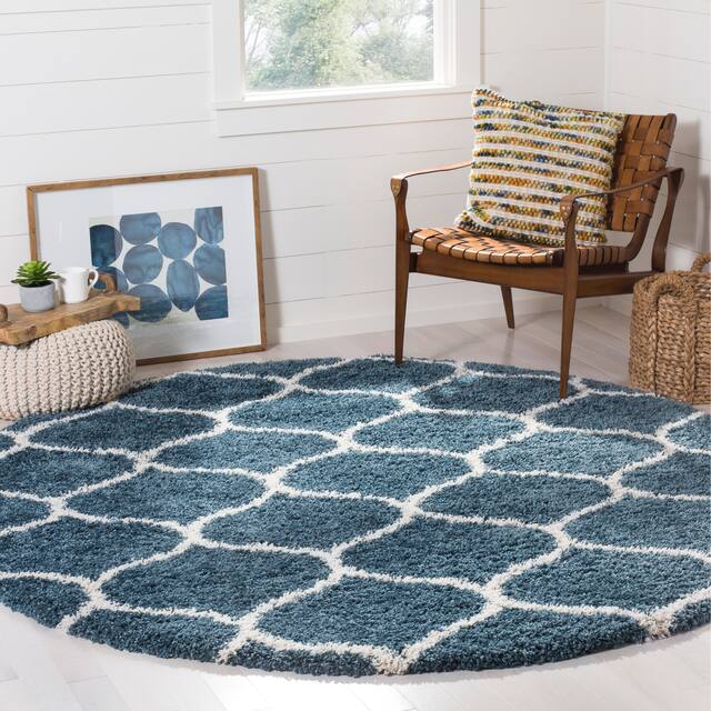 SAFAVIEH Hudson Shag Ogee Trellis 2-inch Thick Area Rug - 3' x 3' Round - Slate Blue/Ivory