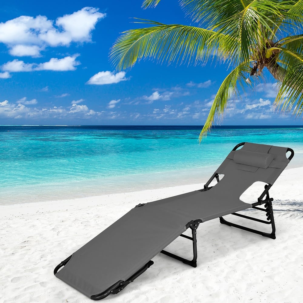 Goplus Outdoor Beach Lounge Chair Folding Chaise Lounge with Pillow - See Details