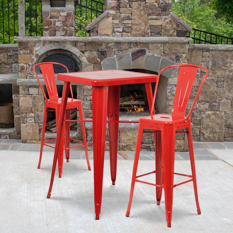 23.75'' Square Metal Indoor-Outdoor Bar Table Set with 2 Stools with Backs - 27.75"W x 27.75"D x 40"H - Red