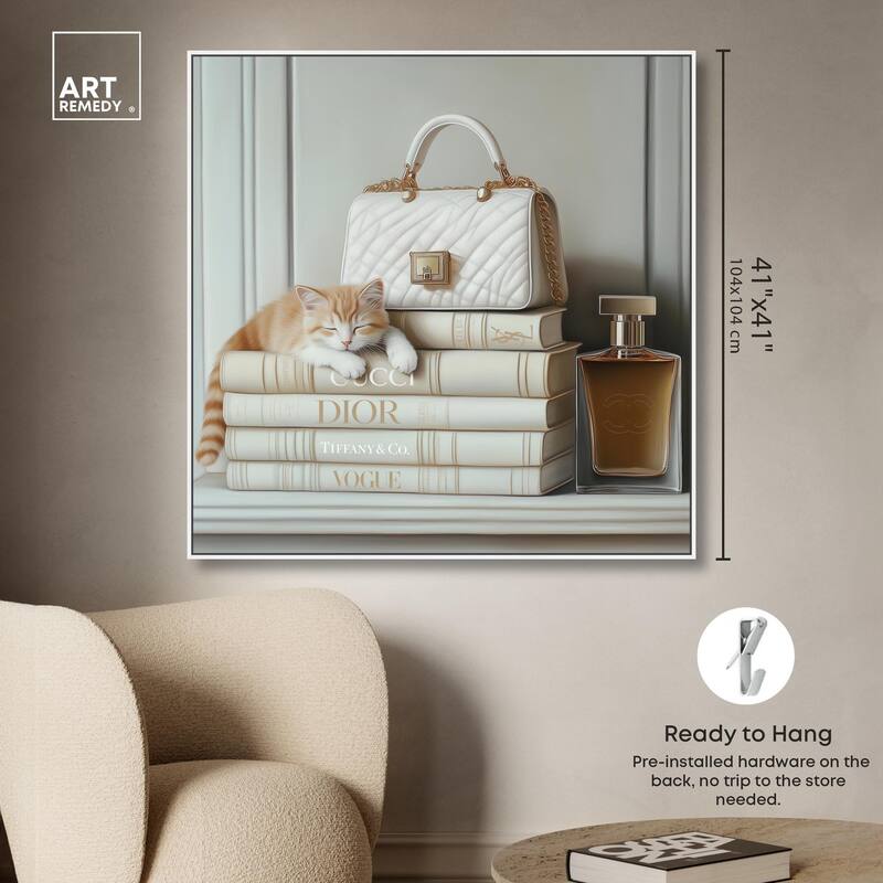 Ivory Books and Kitten Canvas by Art Remedy
