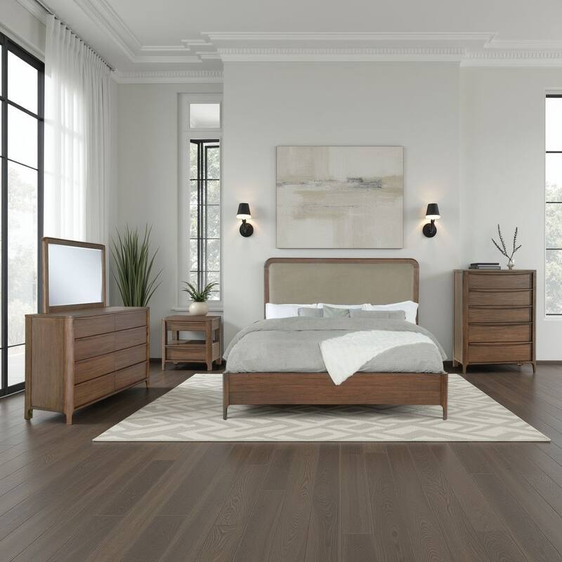 Rie 5pc Queen Bedroom Set with Dresser Mirror, Brown, Beige Upholstery
