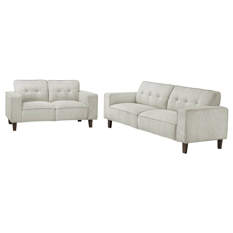 Dero 2pc Modern Sofa Set with Dark Brown Tapered Legs, Tufted Greige