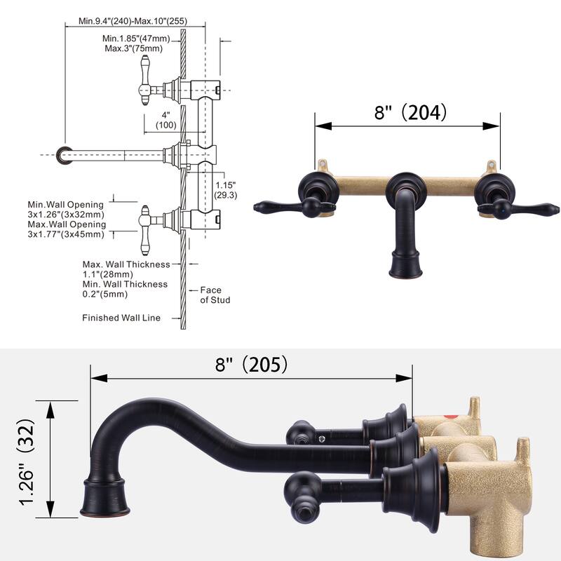 WOWOW 2 Handle Wall Mounted Antique Bathroom Sink Faucet