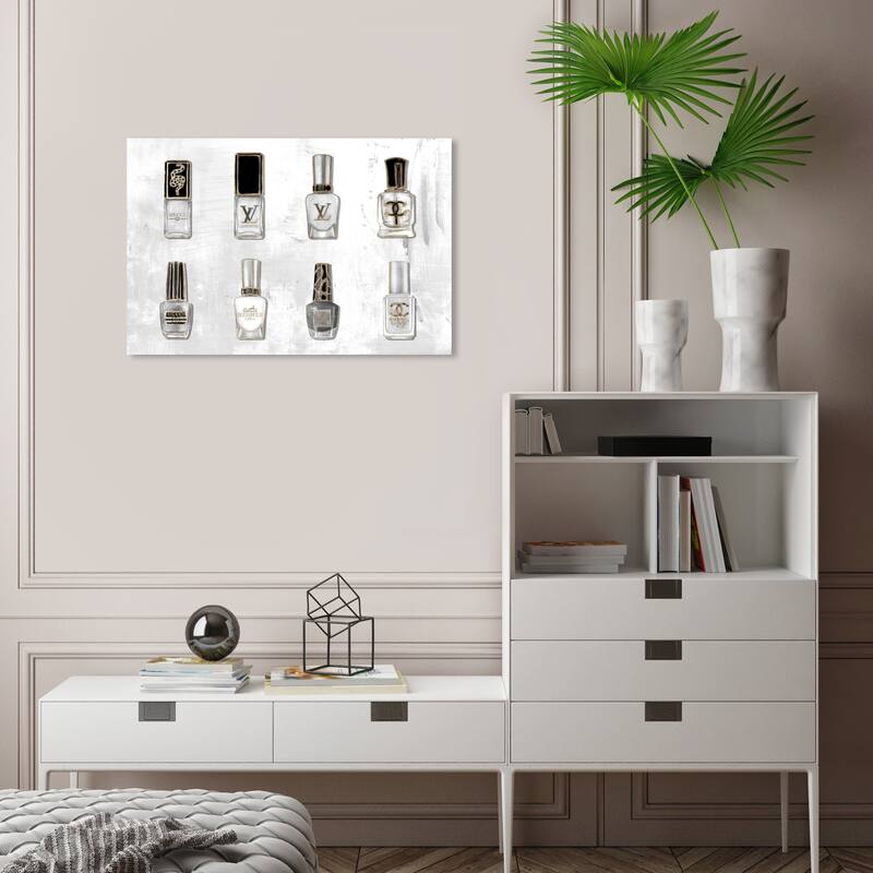 Wynwood Studio Canvas Fashion and Glam Rose Gold Nail Polish White and Metallic Gold Glam Wall Art Canvas Print - 16 x 24