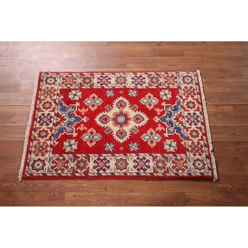 Geometric Red Kazak Accent Rug Handmade Wool Carpet - 2'0" x 2'11"