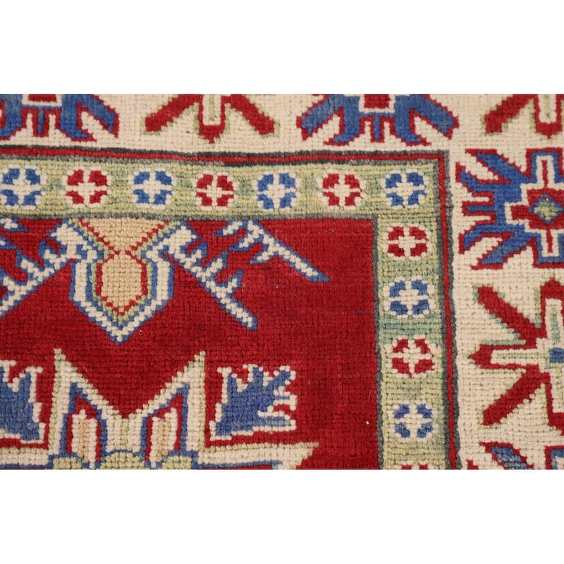 Red Geometric Kazak Oriental Area Rug Handmade Traditional Wool Carpet - 4'11" x 6'6"
