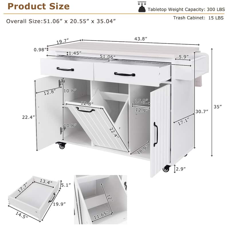 Rolling Kitchen Island with Trash Can Storage Cabinet, Kitchen Cart with Drop Leaf, Spice Rack, Towel Rack and Drawer