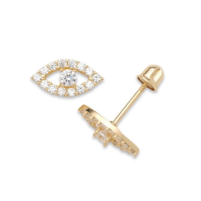 Curata 14k Yellow Gold 10x5mm Clear or Blue Cubic Zirconia Evil Eye Screw Back Earrings - 10mmx5mm