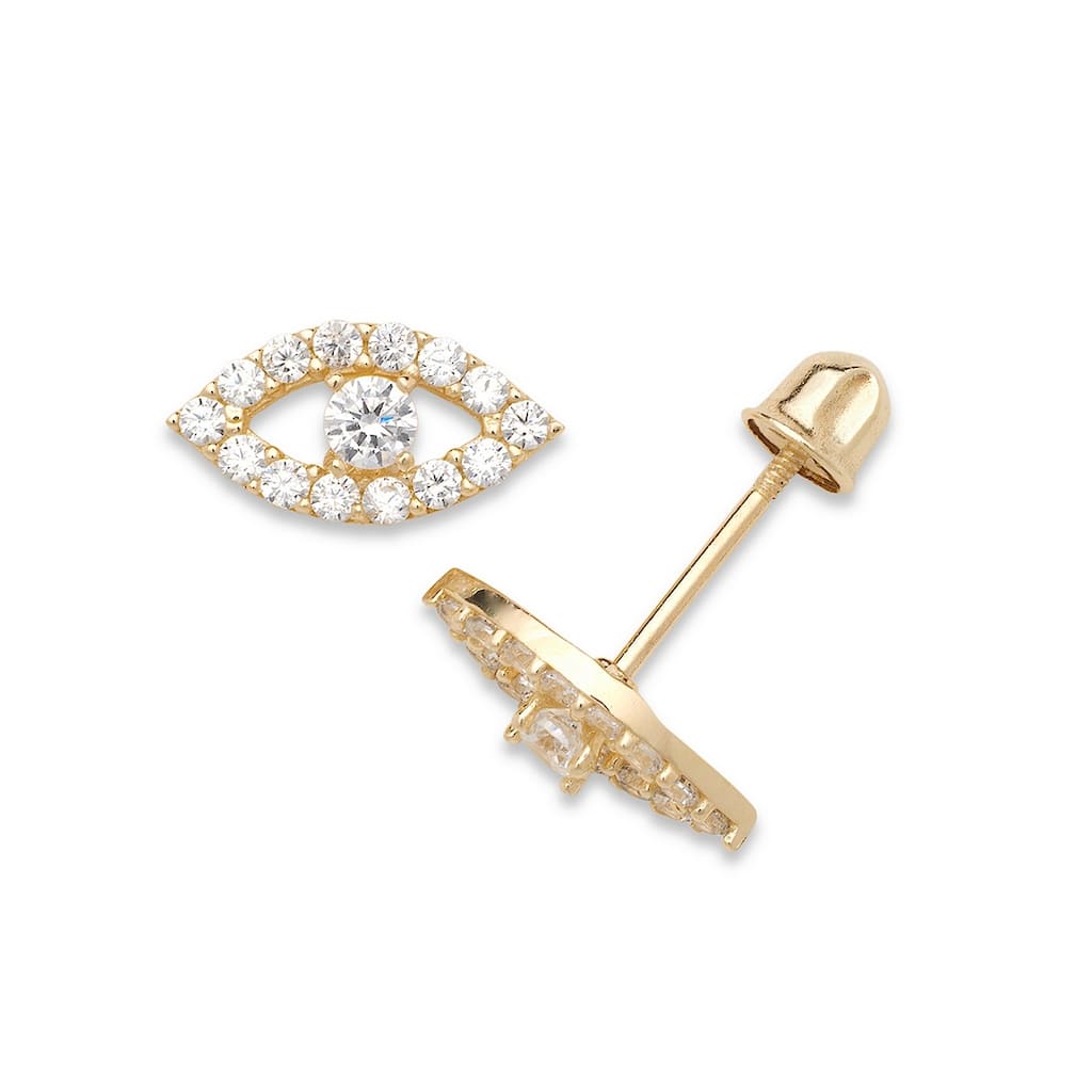 Curata 14k Yellow Gold 10x5mm Clear or Blue Cubic Zirconia Evil Eye Screw Back Earrings - 10mmx5mm