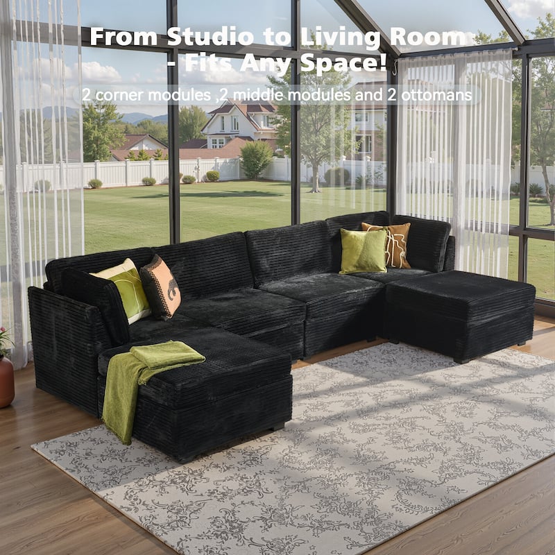 HOOOWOOO Modular U-shaped Corduroy Fabric Sectional Sofa Couch with Ottoman