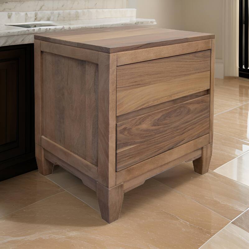Hyn Industrial Nightstand, 2 Drawers, Tapered Legs, Brown Solid Wood