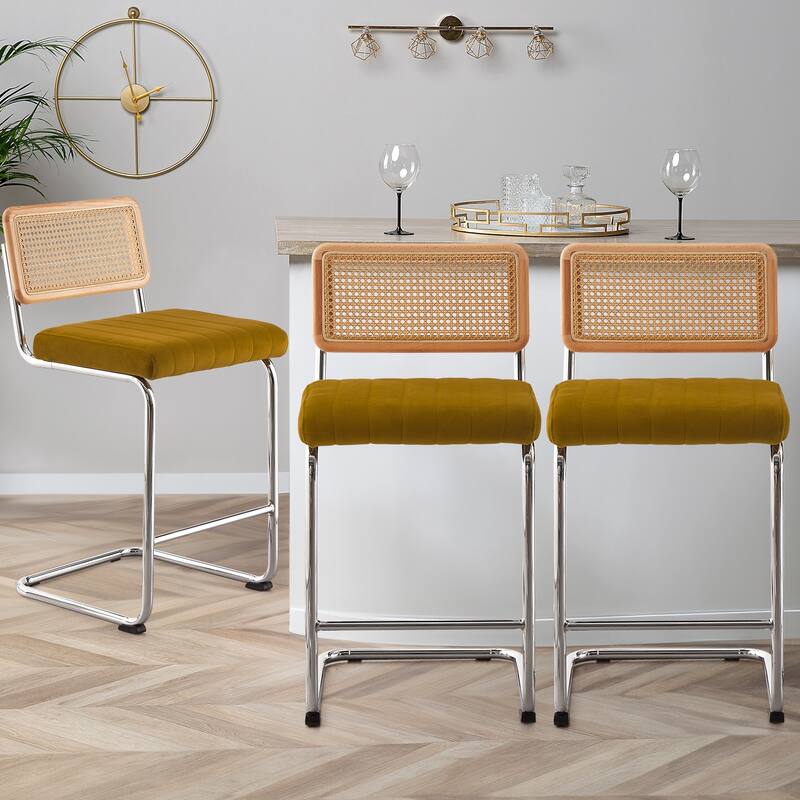 Velvet Upholstered Rattan Counter/Bar Stools, Set of 2/3