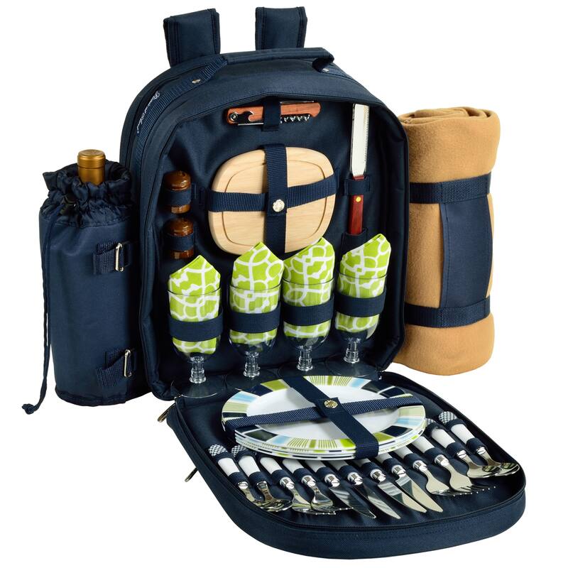 Picnic at Ascot - Deluxe Equipped 4 Person Picnic Backpack Bag with Cooler, Insulated Wine Holder & Blanket - Trellis Green