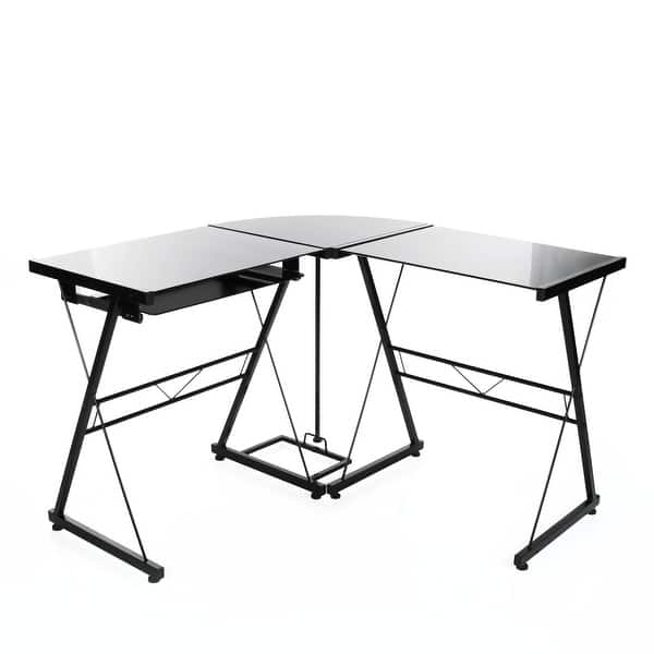 L Shaped Corner Computer Desk In Black Glass Workstation With Pull Out Keyboard Overstock 13037064