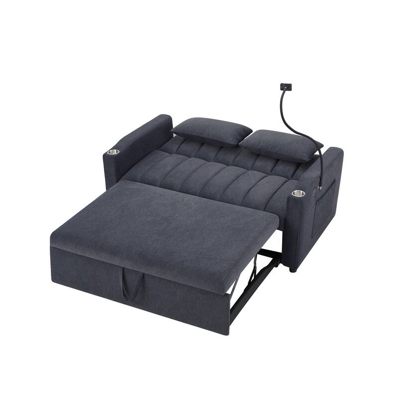 55.9" Convertible Sofa Bed Loveseat Sofa with Three USB Ports, Two Side Pockets, Two Cup Holders and 360°Swivel Phone Holder