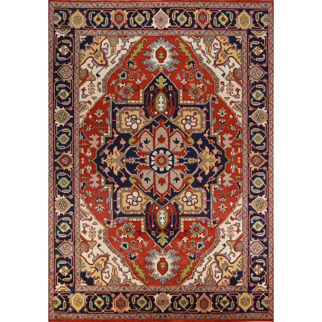 Geometric Orange Heriz Serapi Oriental Rug Hand-Knotted Wool Carpet - 9'0" x 11'10"