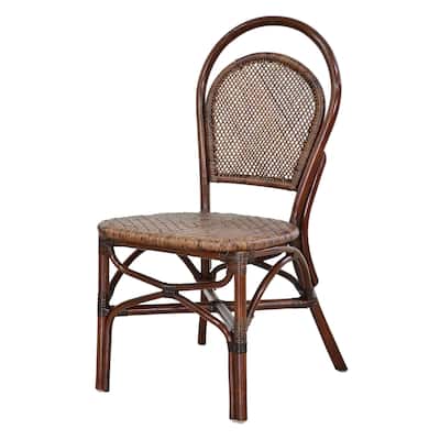 19 Inch Classic Wood Armless Chair, Rattan, Curved Back, Dual Toned, Brown