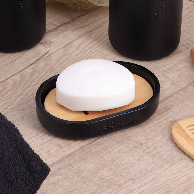 Chic Polyresin Soap Dish with Draining Bamboo Insert - 5 L x 3.4 W x 1 H - Black