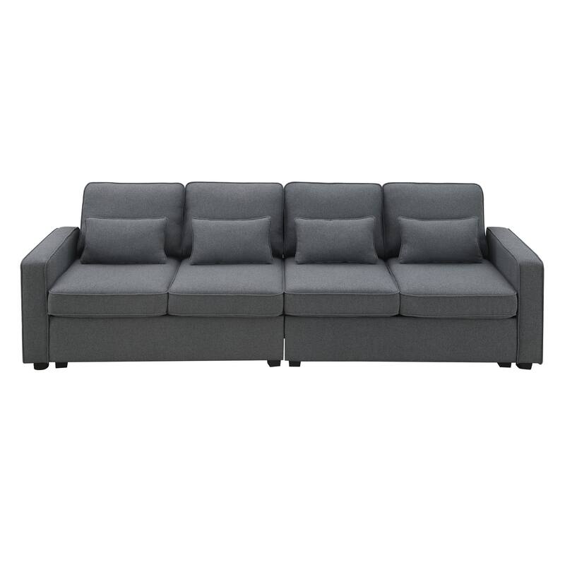104" 4-Seater Modern Fabric Sofa with Armrest Pockets and 4 Pillows, 3 Colors, Dark Grey