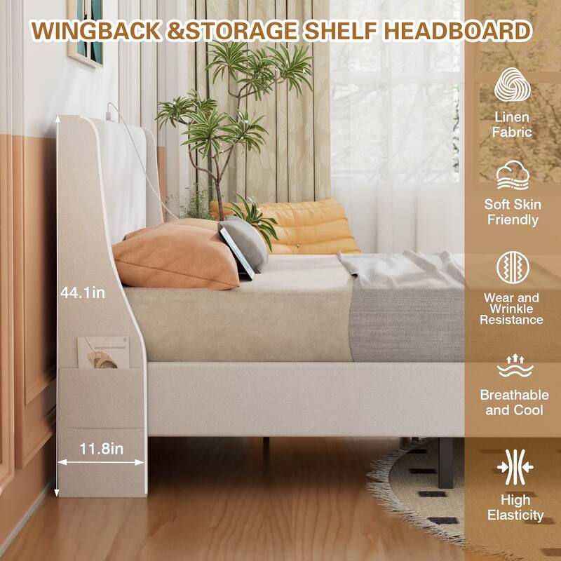 VECELO Bed Frame with Upholstered Wingback Headboard,Platform Bedframe with Charging Station & Side Pockets