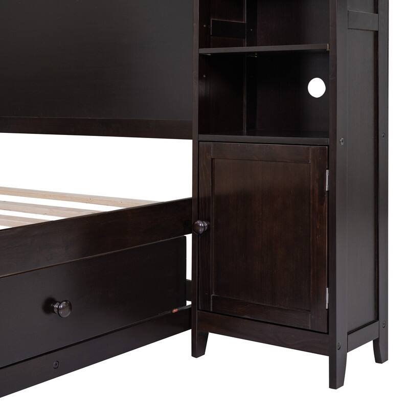 Full Size Platform Bed w/ All-in-One Cabinet & 10 Shelves, Wooden Bed Frame w/ 4 Drawers, Versatility Storage Bed for Kids Teens