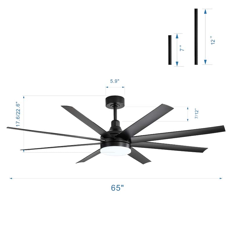 65 Inch Black Morden LED Ceiling Fan with Light Remote(8-Blade)