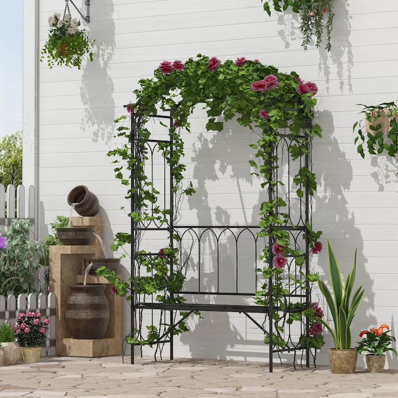 Outsunny Metal Trellis Arbor Arch for Climbing Plants with Garden Bench