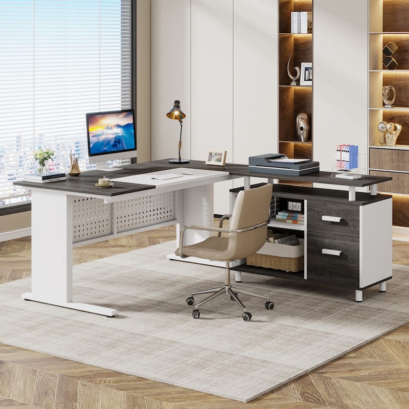 63'' Executive Desk with File Cabinet, L-Shaped Computer Desk Business Furniture Set Home Office Workstation - Gray+White