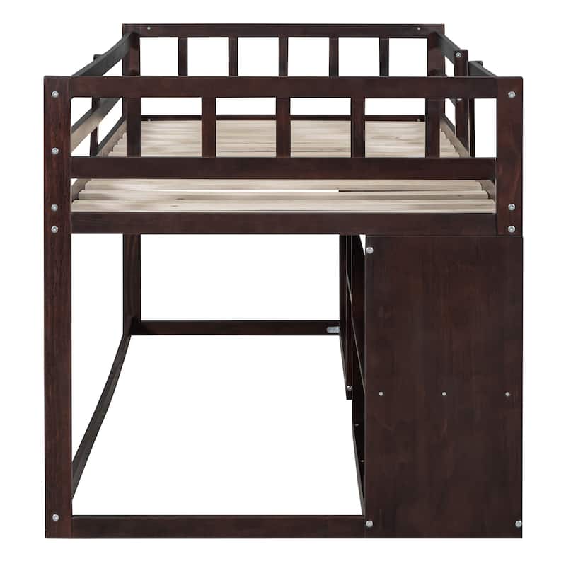 Multifunctional Twin Loft Bed with Rolling Desk, Storage Drawers, Shelves, and Blackboard, Space-Saving Design