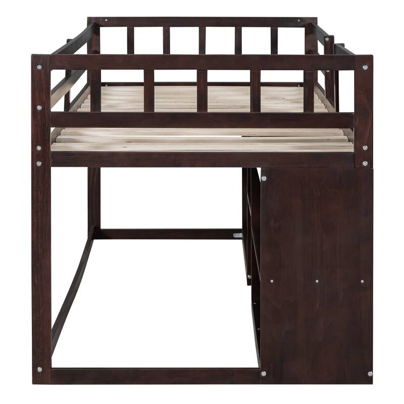 Twin Size Low Loft Bed with Rolling Desk, Shelf, and Drawers in Espresso