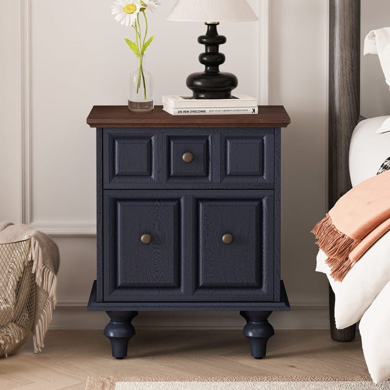 Vintage 2-Drawer Nightstand with Solid Wood Legs for Bedroom Storage Organization - Dark Blue(1-Piece)