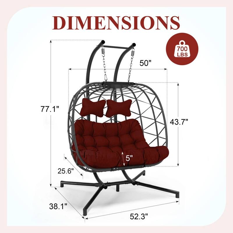 FINCATI Outdoor Oversized Double Egg Chair Swing, 700 lbs Double Egg Chair Outdoor, 2 Person Egg Chair Swing, Hanging Egg Chair