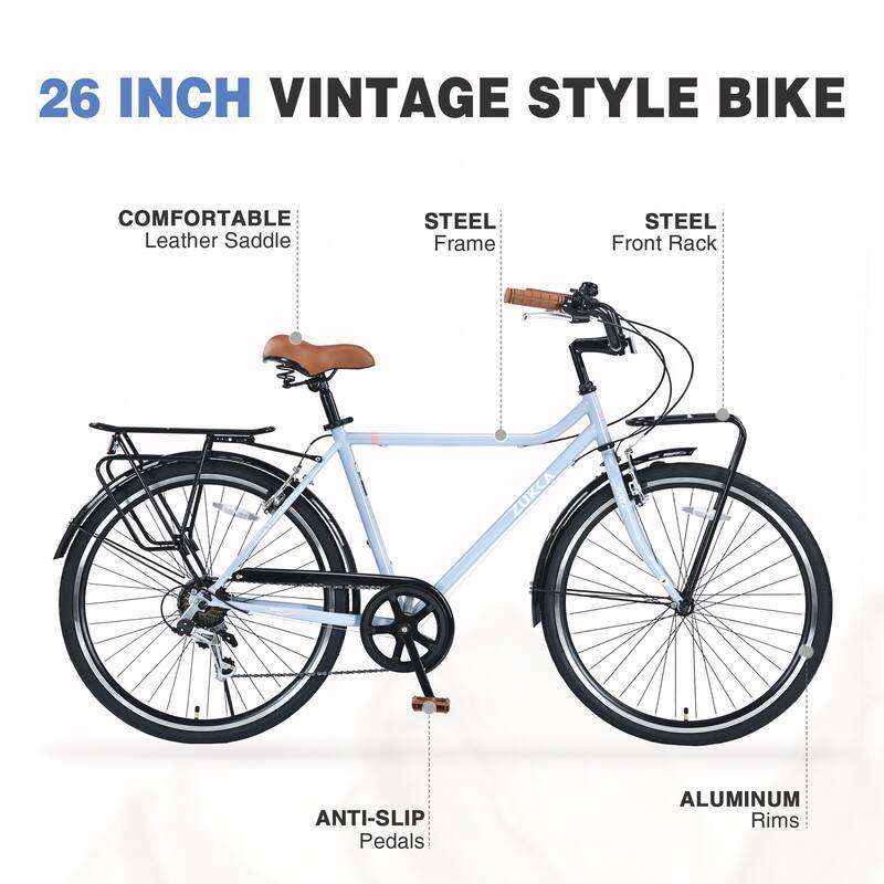 26 Inch Commuting Bike, Shimano 7 Speed Road Cycling Bike with Dual Disc Brakes, Steel Frame for Teens, 16 Years and Up