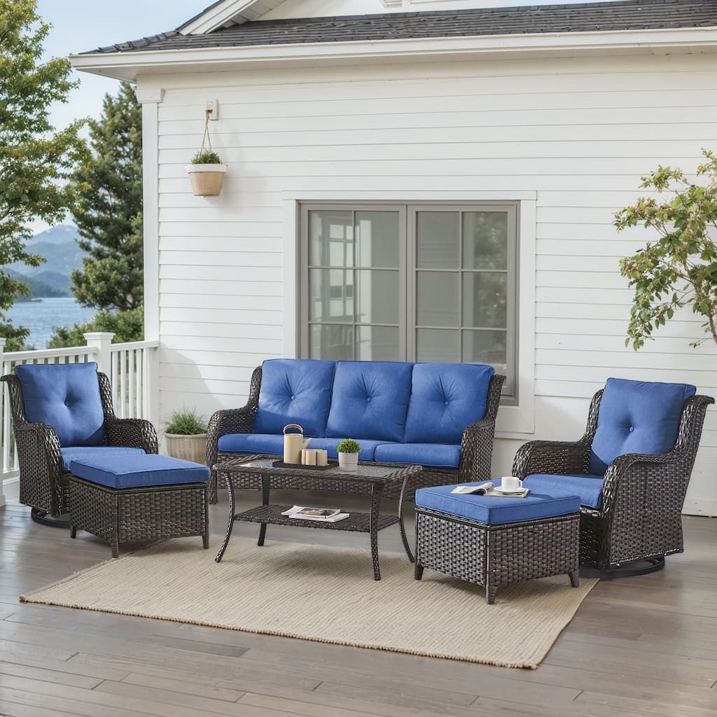 Outdoor Swivel Chairs with Sofa Ottoman Brown-Blue - Brown
